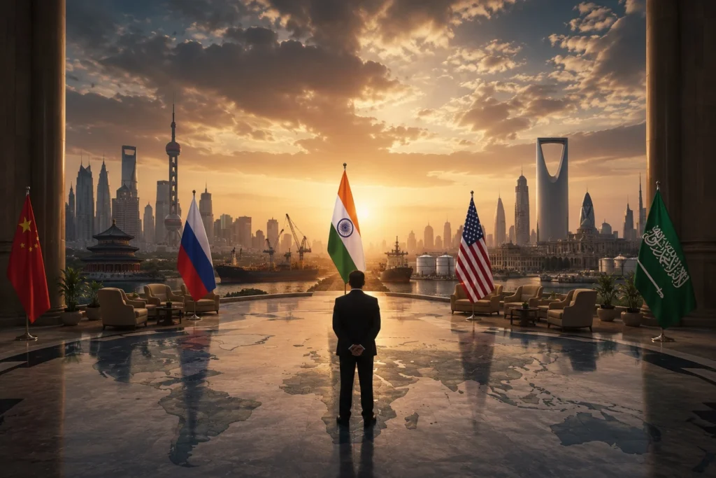 A statesman stands in a grand diplomatic hall overlooking a futuristic global skyline at sunset, surrounded by symbols of major world powers and international trade hubs, representing the growing influence of middle powers pursuing independent foreign policies in an increasingly multipolar world.