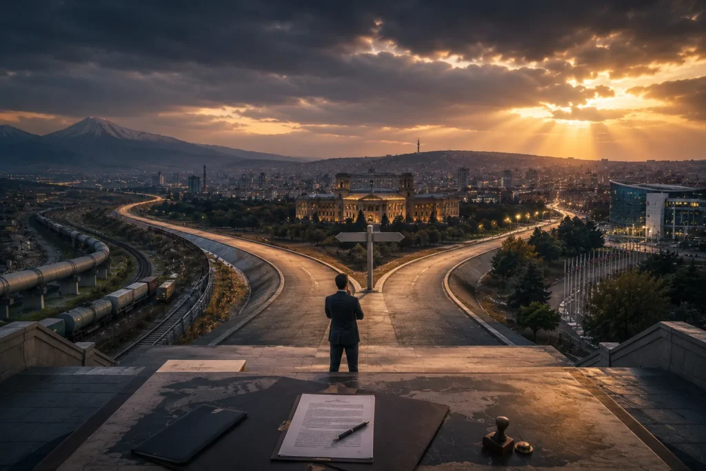 A lone decision-maker standing at a strategic crossroads overlooking a modern city, transportation corridors, and diplomatic institutions, symbolizing a nation's choice between competing geopolitical paths.