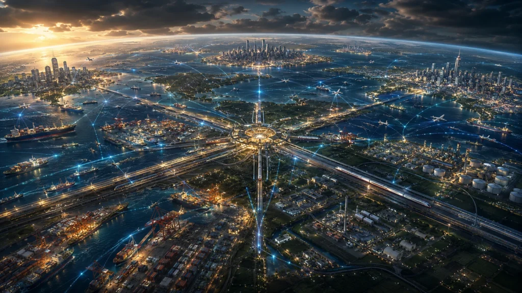 A vast global network of interconnected cities, ports, transportation corridors, industrial hubs, and trade routes radiates from multiple centers of influence, illustrating the emergence of a multipolar international system.