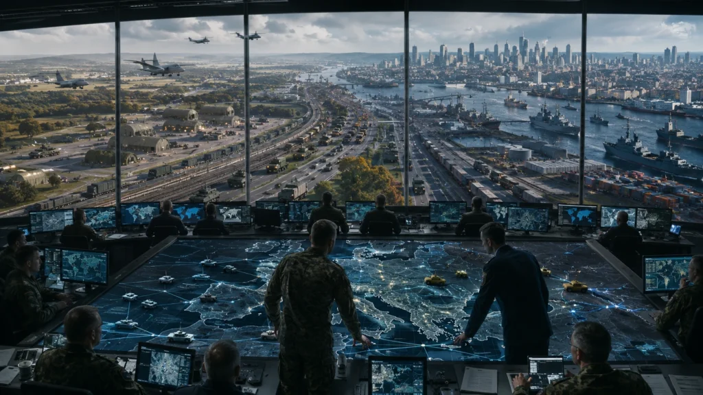 Military planners and defense officials monitor a large digital map of Europe from a high-tech command center overlooking transportation corridors, ports, airbases, and logistics networks, illustrating NATO's shift toward long-term readiness and strategic deterrence.