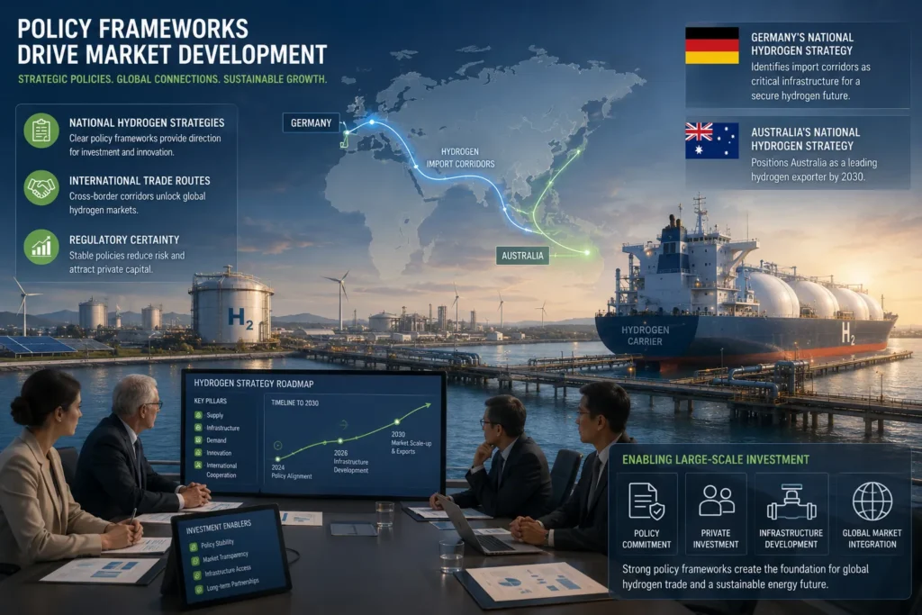 Hydrogen export infrastructure, international trade corridors, and government policy initiatives supporting the development of a global hydrogen market and clean energy supply chains.