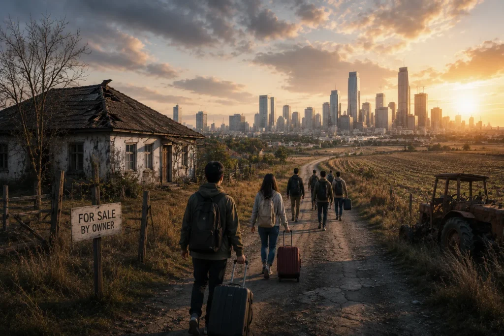 Young adults leaving a declining rural community and walking toward a distant modern city skyline, symbolizing migration driven by education, employment opportunities, and urban economic growth.