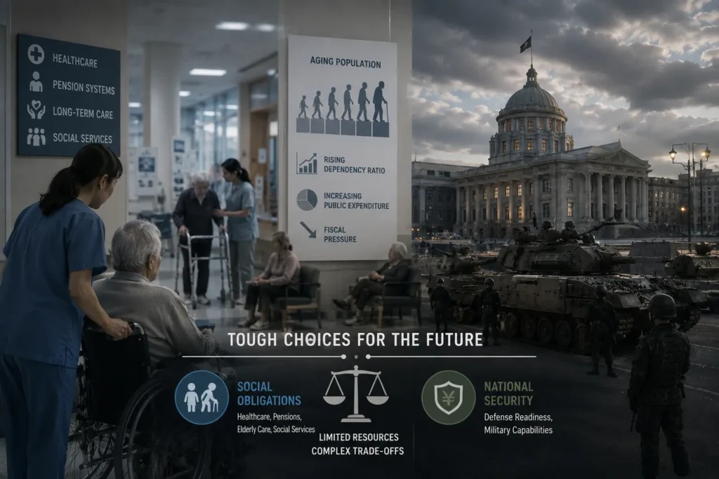 An aging population increasing demand for healthcare and social services while governments balance public spending priorities, fiscal pressures, and national security commitments.
