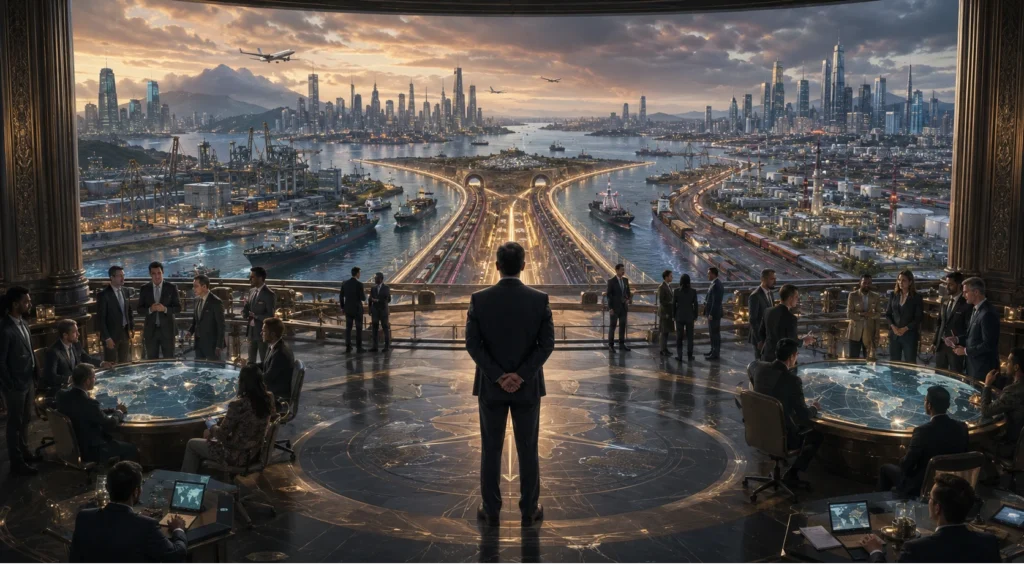 A statesman stands at the center of a global diplomacy hall overlooking interconnected trade routes, ports, rail networks, and international delegations, symbolizing the rise of strategic autonomy and multi-alignment in a multipolar world.