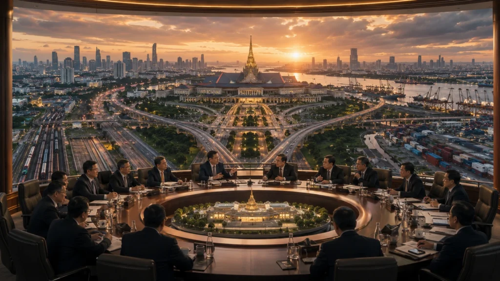Political leaders gather around a negotiation table overlooking Bangkok's parliament, transportation networks, ports, and financial districts, symbolizing coalition management and the challenge of maintaining political stability.