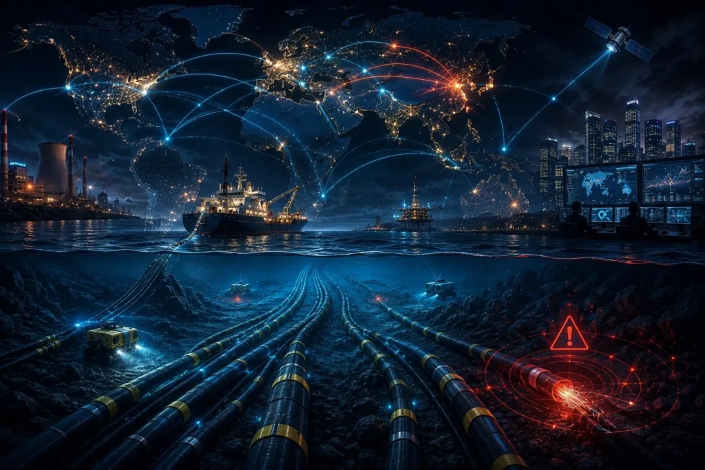 Global undersea fiber-optic cables connecting continents and powering digital communications, highlighting the strategic importance of critical internet infrastructure.