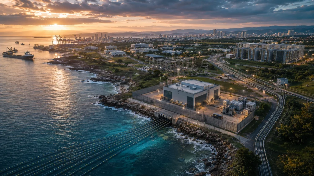 A secure submarine cable landing station sits on a rocky coastline where multiple undersea fiber-optic cables emerge from the ocean and connect to national telecommunications infrastructure. Inland fiber corridors extend toward substations, data infrastructure, and an urban skyline, while commercial ships and a nearby container port illustrate how this modest coastal facility serves as a critical gateway linking global submarine cable systems to domestic communication networks.