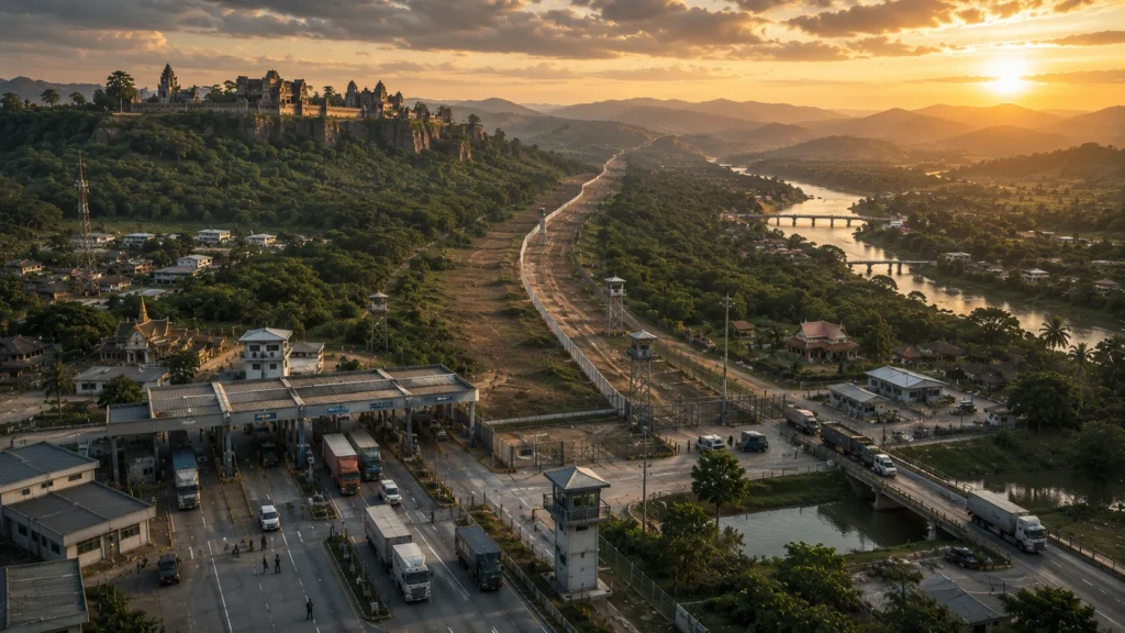 Border crossing between Cambodia and Thailand featuring a secured international checkpoint, boundary fencing, observation towers, commercial freight traffic, and a historic temple complex overlooking the disputed frontier, illustrating renewed diplomatic negotiations over border demarcation and regional stability.