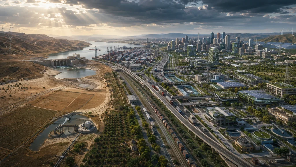 Climate-resilient infrastructure stretching from drought-affected farmland to modern cities, ports, renewable energy facilities, transportation networks, and water systems, illustrating how climate change acts as a threat multiplier across food security, energy, logistics, and critical national infrastructure.