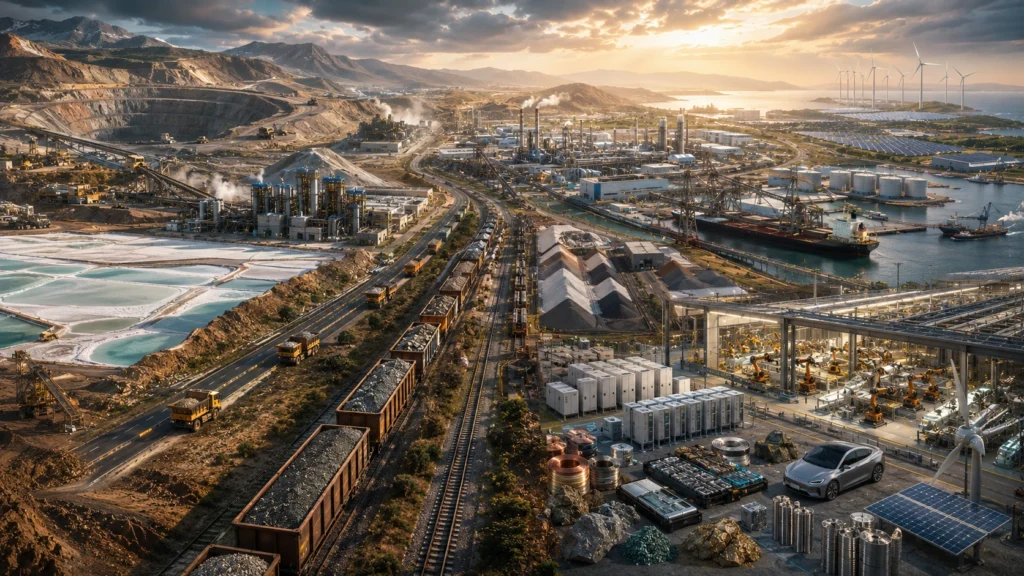 A panoramic industrial landscape traces the journey of critical minerals from lithium salt flats, open-pit copper and nickel mines, and mineral processing facilities to freight railways, export ports, refineries, and advanced manufacturing plants producing batteries, electric vehicles, renewable energy equipment, and high-tech industrial components, illustrating how strategically important minerals underpin modern energy systems and industrial supply chains.