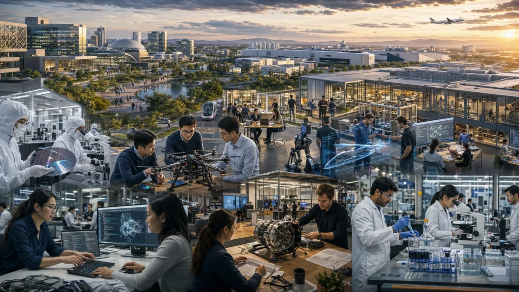Innovation ecosystem featuring engineers, AI researchers, semiconductor specialists, robotics developers, aerospace designers, pharmaceutical scientists, and entrepreneurs collaborating across advanced laboratories, clean rooms, research campuses, and technology workspaces. Modern innovation districts, universities, startup hubs, and research facilities in the background illustrate how skilled professionals transform knowledge into globally competitive industries.