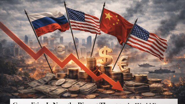 Global currencies and major world flags with downward economic indicators, illustrating how geopolitical tensions are impacting the global economy.