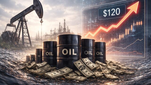 Rising global oil prices shown by upward financial charts alongside oil barrels and energy infrastructure, reflecting a global economic shock in energy markets.