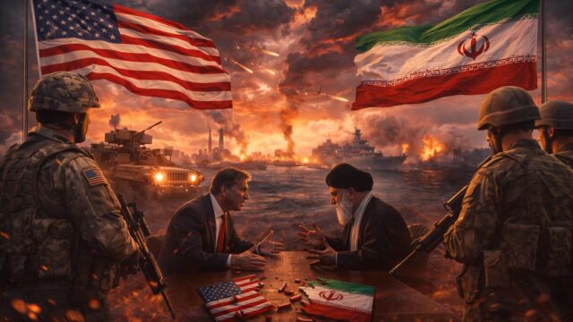 Failed peace talks between the United States and Iran symbolized by tense military presence and diplomatic breakdown, signaling rising risk of global conflict.