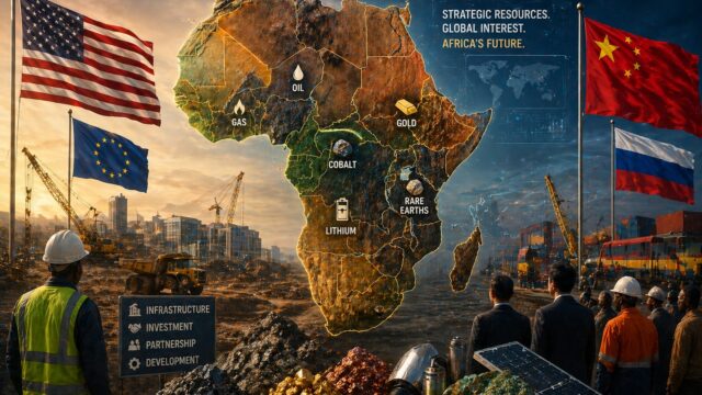 Africa as a strategic hub of critical resources with global powers competing over minerals, infrastructure, and investment shaping geopolitical influence.