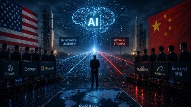 Global competition in artificial intelligence with advanced digital networks and major tech powers racing for technological dominance.