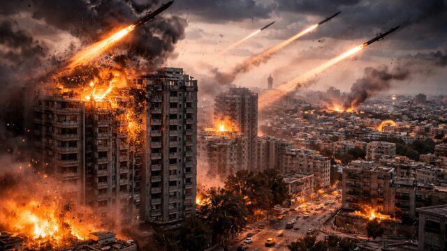 Missile strikes hitting urban buildings in Israel during escalating geopolitical conflict in the Middle East, with explosions and fire across the city skyline.