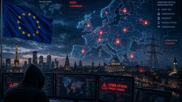 Cyber attacks targeting Europe shown through digital maps, network breaches, and critical infrastructure disruptions, symbolizing escalating geopolitical cyber threats.