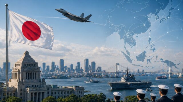 Japan strengthening its strategic position in Asia with national flag, modern naval presence, and regional connectivity map, reflecting a shift in geopolitical power balance.