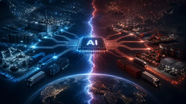 Global AI supply chains splitting into competing technology ecosystems, with semiconductor manufacturing, data centers, and logistics networks divided into strategic blocs.