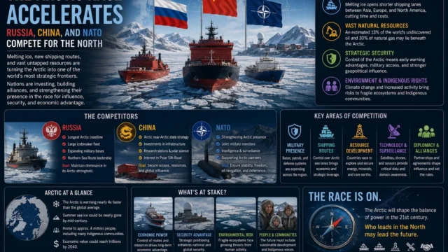 Icebreakers and Arctic infrastructure representing growing competition among Russia, China, and NATO for influence, resources, and strategic shipping routes in the Arctic region.