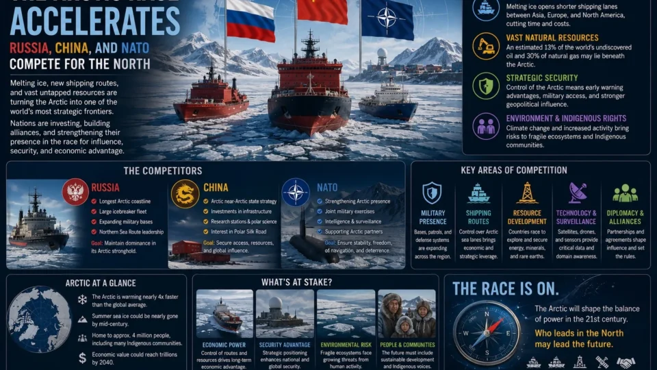 Icebreakers and Arctic infrastructure representing growing competition among Russia, China, and NATO for influence, resources, and strategic shipping routes in the Arctic region.