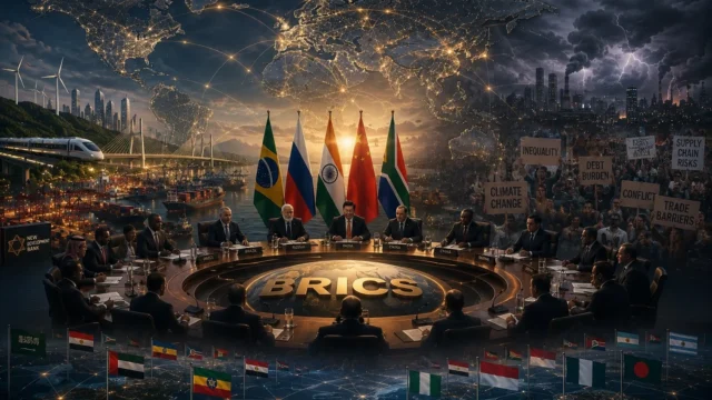 BRICS member countries expanding economic and diplomatic cooperation while facing the challenges of greater diversity, coordination, and global influence.
