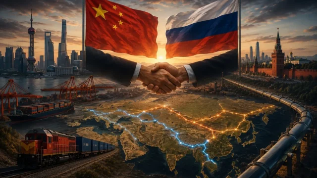 China and Russia strengthening economic cooperation through trade routes, energy infrastructure, rail connectivity, and expanding Eurasian economic networks.