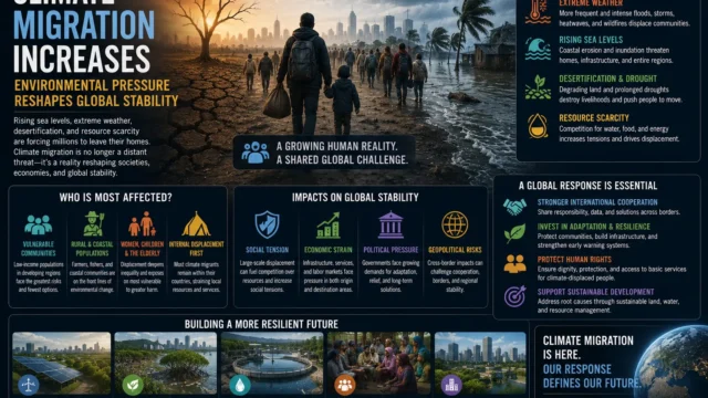 Climate migration illustrated with displaced communities facing drought, flooding, and environmental pressure reshaping global stability and human movement.