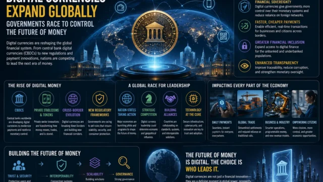 Digital currencies and financial technology systems illustrating governments competing to shape the future of global money and payment networks.