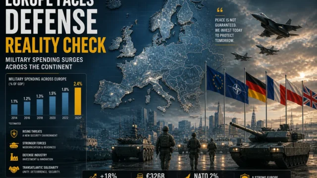 European defense forces and NATO presence with rising military spending illustrated across Europe, highlighting increased security investment and strategic readiness.