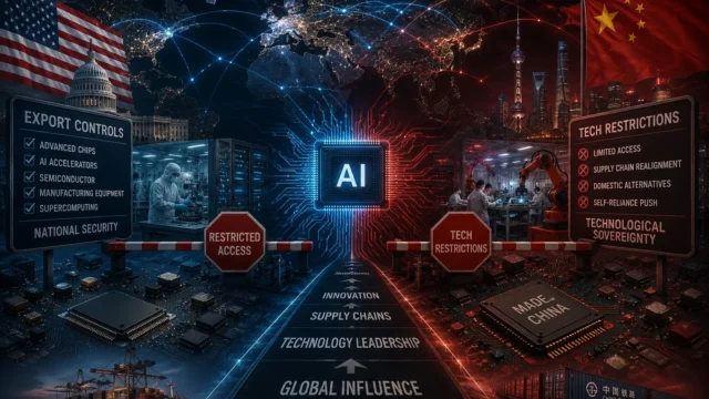 Global competition in artificial intelligence shaped by export controls, semiconductor restrictions, technology supply chains, and strategic industrial policies.