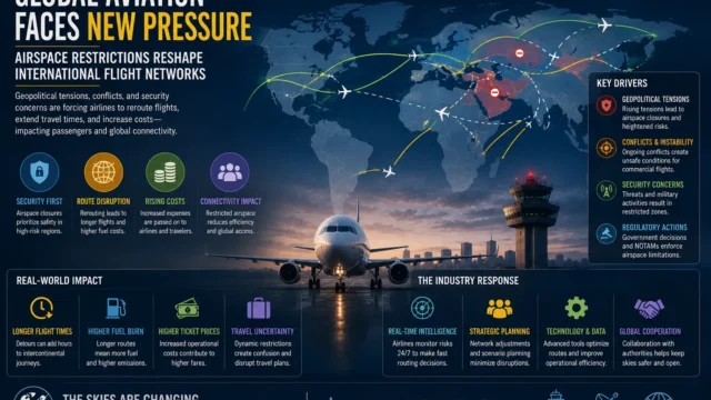Global aviation routes affected by airspace restrictions and geopolitical tensions, illustrating changes in international flight networks and travel connectivity.