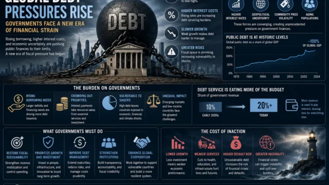 Global debt crisis illustrated with rising financial burdens, government pressure, and economic instability affecting countries worldwide.