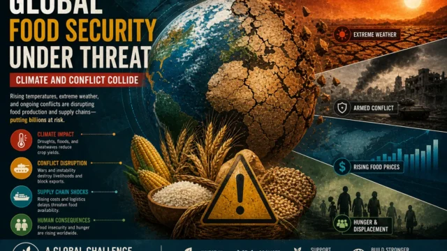 Global food security crisis illustrated with climate change impacts and conflict disrupting agriculture, supply chains, and food availability worldwide.
