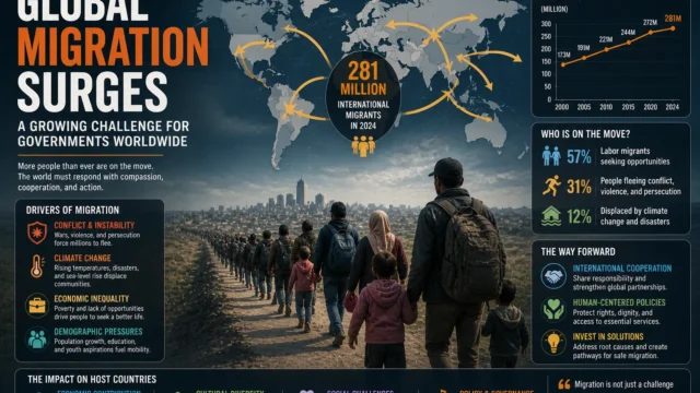 Global migration trends illustrated with people on the move, world map routes, and rising migration numbers highlighting pressures on governments worldwide.