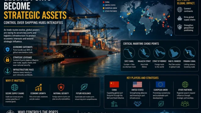 Global shipping ports and maritime trade routes illustrated as strategic geopolitical assets influencing supply chains and international power competition.