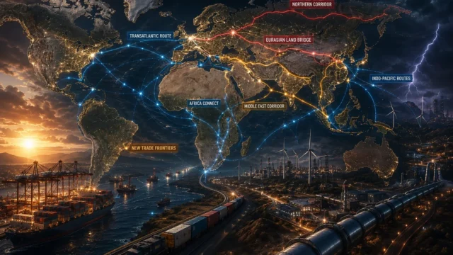Global trade corridors, shipping routes, rail networks, and energy infrastructure illustrating the growing geopolitical importance of geography and strategic connectivity.