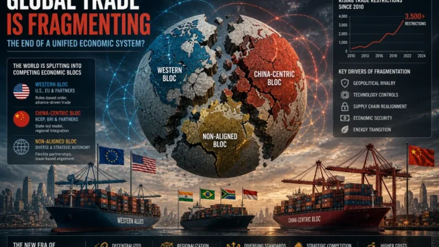 Fragmented global trade system with divided economic blocs and disrupted supply chains, symbolizing the breakdown of a unified global economy.