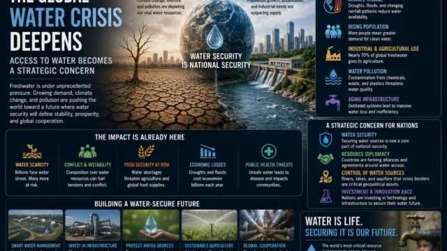 Global water crisis illustrated with drought, urban water infrastructure, and rising concerns over water security and resource management worldwide.