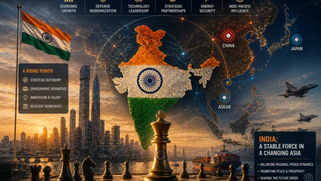 India emerging as a strategic power in Asia with regional connections, economic growth, and geopolitical influence balancing other major powers.
