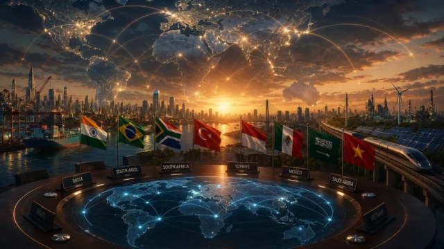 Emerging middle powers connected through global trade, diplomacy, infrastructure, and economic cooperation in an increasingly multipolar world order.