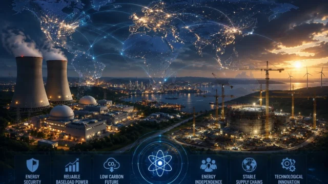 Modern nuclear power facilities and new reactor construction projects illustrating the global revival of nuclear energy as countries strengthen energy security and long-term electricity supply.
