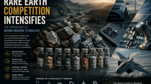 Rare earth minerals and advanced technologies including electric vehicles, robotics, and electronics, illustrating growing competition over critical resources.