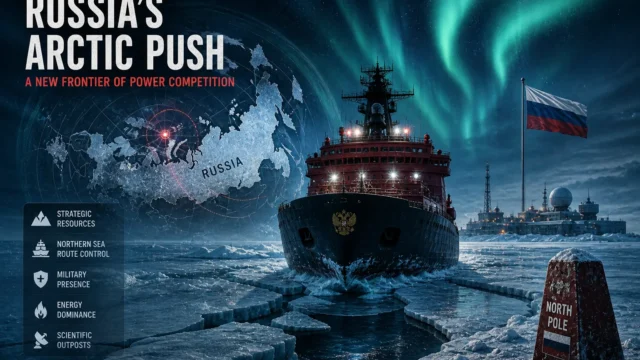 Russian icebreaker navigating Arctic waters under northern lights with strategic infrastructure, representing expanding geopolitical influence in the Arctic region.