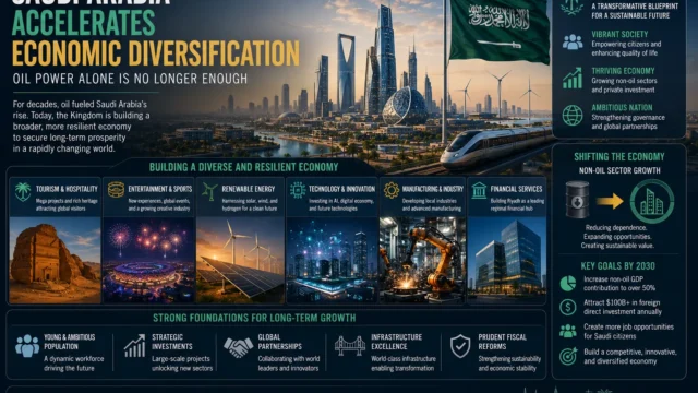 Saudi Arabia’s economic diversification strategy illustrated with futuristic cities, renewable energy, technology, and non-oil industries under Vision 2030.