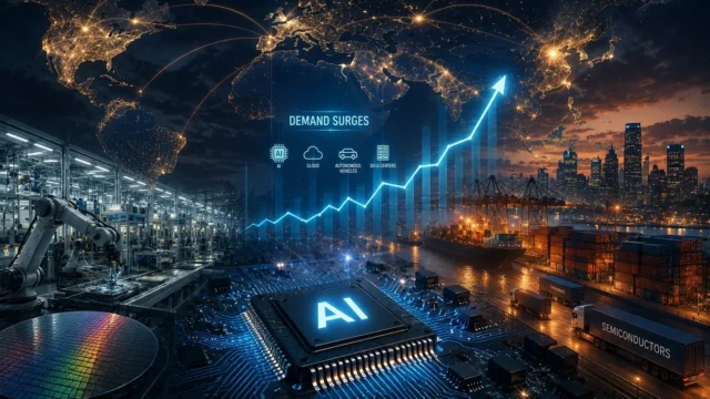 Advanced semiconductor manufacturing, AI processors, and global technology supply chains illustrating rising chip demand driven by artificial intelligence.
