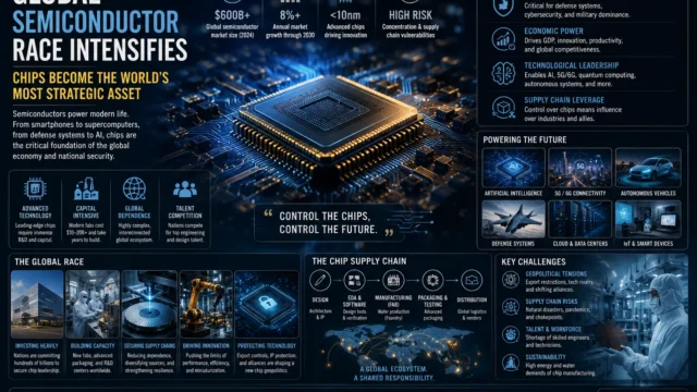 Advanced semiconductor chip and global technology infrastructure illustrating the growing geopolitical competition over strategic semiconductor supply chains.
