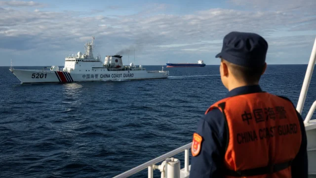 Coast guard vessel and commercial cargo ship navigating the South China Sea, reflecting rising geopolitical tensions along critical global trade routes.