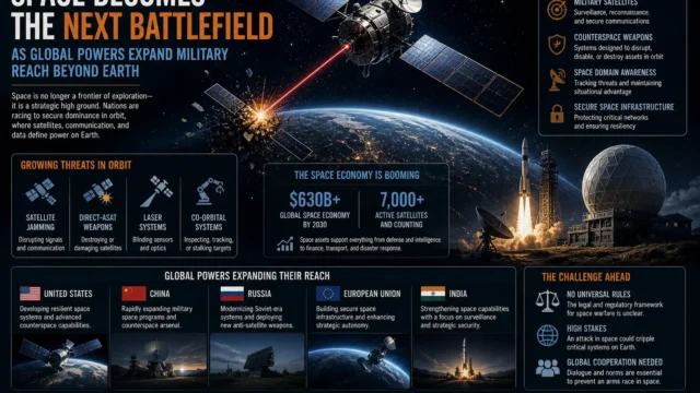Military satellites and space systems orbiting Earth, illustrating the growing competition among global powers to control space-based assets.